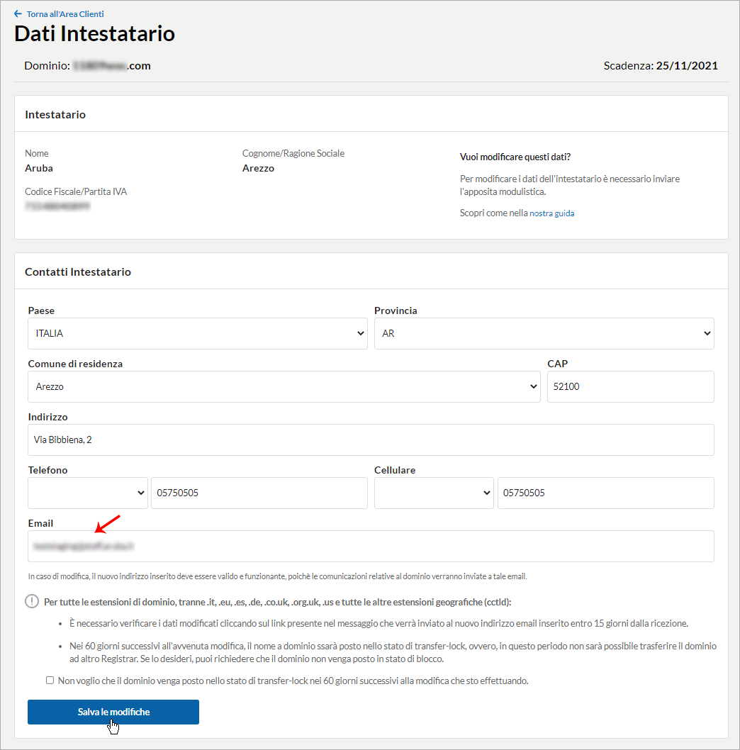 Modifica Indirizzo Email Dati Intestatario | Guide Hosting.aruba.it