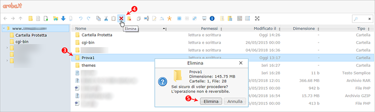 File Manager modalit per eliminare una cartella o un file